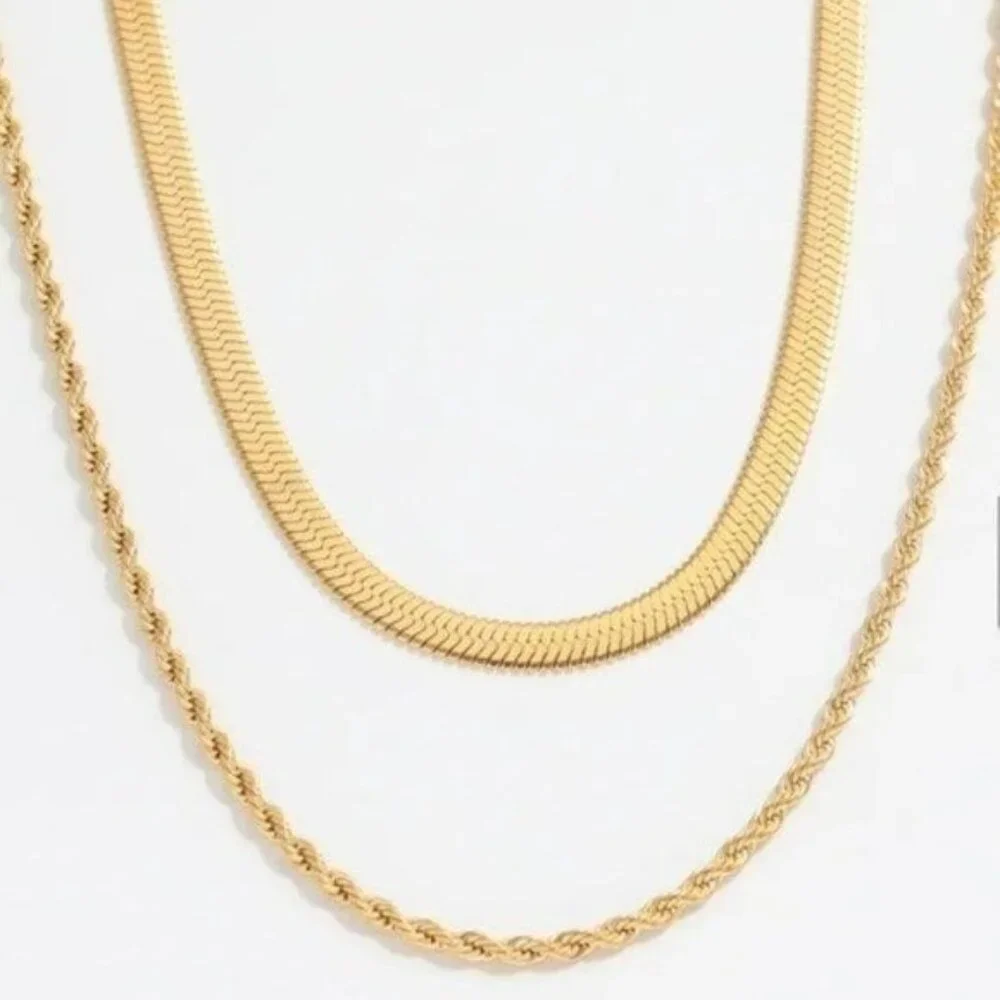 Necklace Layered Gold Herringbone & Gold Rope Chain Necklace WATERPROOF Necklace - Picture 13 of 13